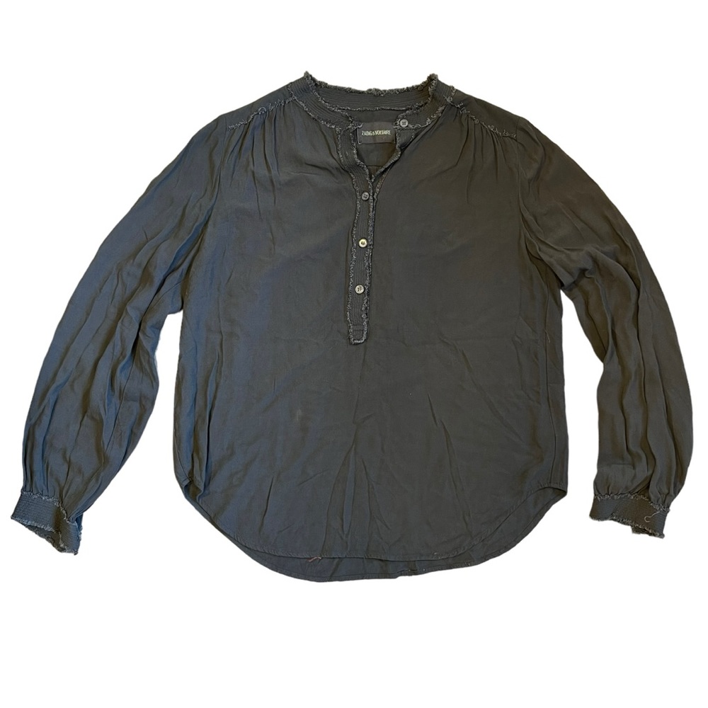 Zadig & Voltaire Women’s Sz S Gray Frayed Button Placket Popover Blouse Top